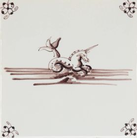 Hand-painted Delft tiles with sea creatures in blue, decorated with the spider curl corner motif and enhanced with pinholes and a crackled finish