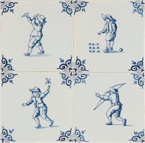 Hand-painted Delft tiles with child's play scenes in blue, decorated with ox-head corner motifs and enhanced with pinholes and a crackled finish.