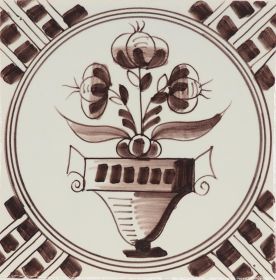 Hand-painted Delft tile sample with Flower pot and decorated with wanli corner motif - painted in blue, P-20