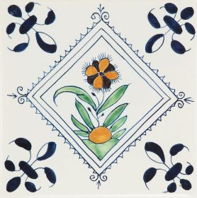 Hand-painted Delft tile sample with colourful diamond flowers, enhanced with pinholes