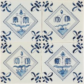 Hand-painted Delft tiles with Diamond Fritillaria in blue, enhanced with pinholes and crackled finish. 
