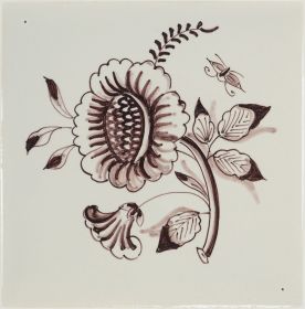 Hand-painted Delft tile sample with large flower, painted in manganese