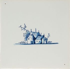 Hand-painted Delft tile sample with small landscapes painted in blue, enhanced with pinholes