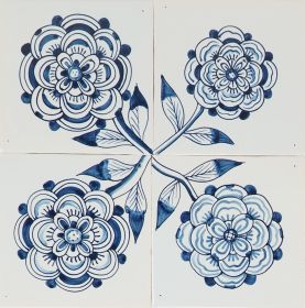 Hand-painted Delft tiles with roses on a stem, painted in blue