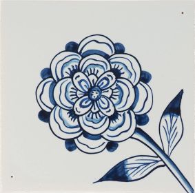 Hand-painted Delft tile sample depicting roses on a stem in blue