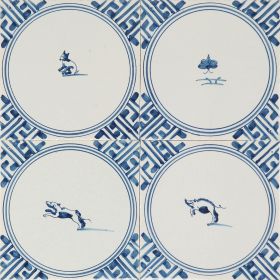 Hand-painted Delft tiles with Animals in corner frame, decorated with Wanli corner motifs and enhanced with pinholes and a crackled finish