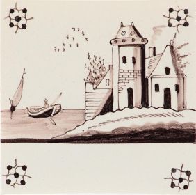 Hand-painted Delft tile sample from the P-61 series depicting landscapes painted in blue