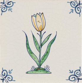 Hand-painted Delft tile sample with flowers in polychrome, decorated with ox-head corner motif