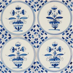 Hand-painted Delft tiles with flower pots, painted in blue and decorated with wanli corner motifs. Field of 4

