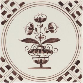 Hand-painted Delft tile sample with flower pot, painted in blue and decorated with the wanli corner motif