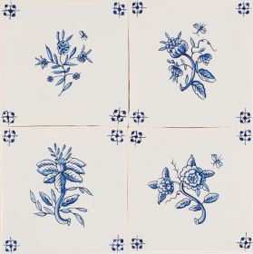 Hand-painted Delft tiles with Flowers, decorated with spider corner motif. Painted in blue on our Poarte H base shade