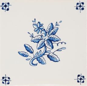 Hand-painted Delft tile sample with small flower, enhanced with spider corner motif - painted in blue on Poarte E