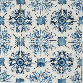 Hand-painted Delft tiles with ornemental pattern including flowers and angels, painted in blue
