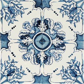 Hand-painted Delft tiles with ornemental pattern including flowers and angels, painted in blue
