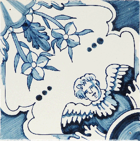 Hand-painted Delft tile sample with floral angels painted in blue, enhanced with pinholes