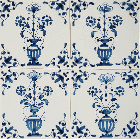 Hand-painted Delft tiles with decorative flower pots in blue