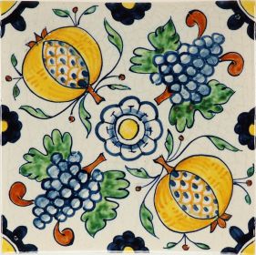 Hand-painted Delft tile sample with orange apples pattern painted in polychrome, enhanced with pinholes and a crackled finish