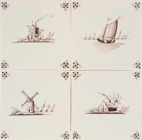 hand-painted Delft tiles with landscapes in manganese, enhanced with spider curl corner motifs. P-6