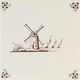 hand-painted Delft sample tile with landscapes and spider curl corner motifds - P-6