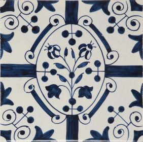 Hand-painted Delft tile sample depicting flower in oval border, decorated with fleur-de-lis corner motifs and Royal Charter motifs around the border