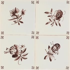 Hand-painted Delft tiles with Small flowers with spider corner motifs, enhanced with pinhooles, painted in manganese on Poarte E.