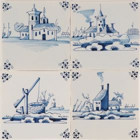 P-10 Hand-painted Delft tiles with landscapes, painted in blue, decorated with spider curl corner motif - Photo 4
