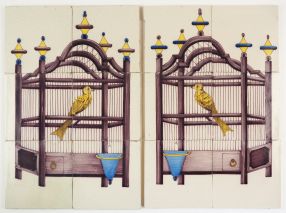 Antique Delft tile murals with bird cages and yellow canaries, 19th century Utrecht