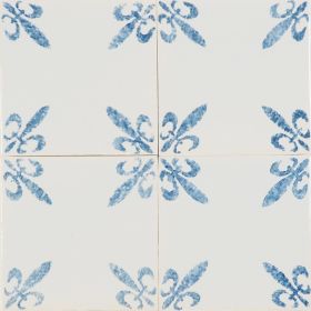 Decorative hand-painted Delft tiles with fleur-de-lis corner motifs in blue