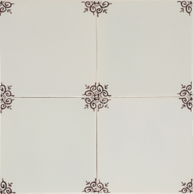 Ox-head corner motif Delft tile in manganese, hand-painted with refined detailing. Shown with pinholes but no crackled finish.