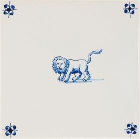 Hand-painted Delft tile sample with animals painted in blue, decorated with spider corner motifs
