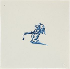 Hand-painted Delft tile sample with cupids in blue