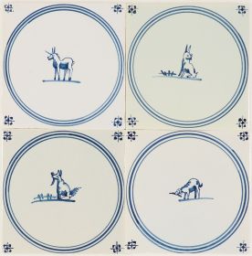 Hand-painted Delft tiles with animals in circle - P-17 series