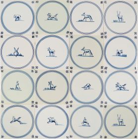 Hand-painted Delft tiles with animals in circle - P-17 series