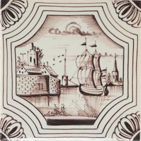 Hand-painted Delft tiles sample depicting Landscape in octagonal frame in manganese. 