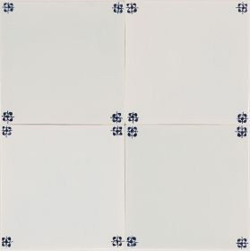 Spider corner motif Delft tile (PCM-01) in traditional blue, hand-painted with refined detailing. Shown without crackled finish or pinholes.