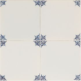 Ox-head corner motif Delft tile (PCM-20) in traditional blue, hand-painted with refined detailing. Shown with pinholes but no crackled finish.