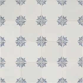 Large ox-head corner motif Delft tile (PCM-21) in traditional blue, hand-painted on the grey mix with pinholes but no crackled finish.