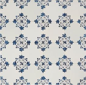 Three-dot corner motif Delft tile (PCM-30) in traditional blue, hand-painted on the grey mix with pinholes but no crackled finish, forming a repeating pattern.