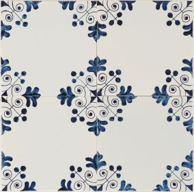 Three-dot corner motif Delft tile (PCM-30) in traditional blue, hand-painted on the grey mix with pinholes but no crackled finish, forming a repeating pattern.
