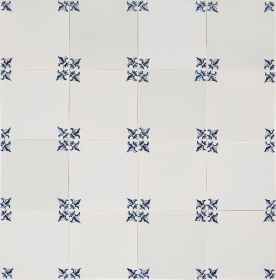 Fleur-de-lis corner motif Delft tile (PCM-10) in traditional blue, hand-painted on a mix of Poarte-D, Poarte-E, and Poarte-H. Shown without crackled finish or pinholes.