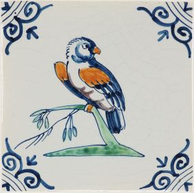 Hand-painted Delft tile sample with colourful birds, decorated with ox-head corner motifs and enhanced with pinholes and a crackled finish.