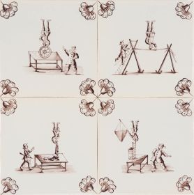 Hand-painted Delf tiles depicting acrobatic scenes, known as Balanced acts painted in manganese and decorated with carnation (blossom) corner motifs