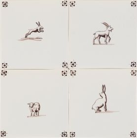 Hand-painted Delft tiles with mix of wild animals - Field of 4