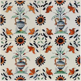 Colourful hand-painted Delft tile design with flower vases with pinholes and crackled finish. 