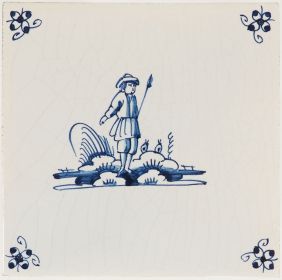 Hand-painted Delft tile sample with shepherds, decorated with spider curl corner motif and enhanced with pinholes and a crackled finish