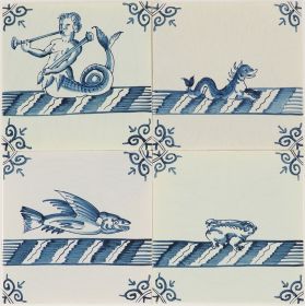 Hand-painted Delft tiles with mix of sea life - Field of 4