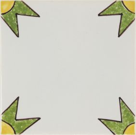 Hand-painted Delft tile sample with colored dots painted in polychrome. P-43 series ornaments and pattern motif