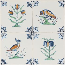 Hand-painted Delft tiles with birds and flowers - Field of 4
