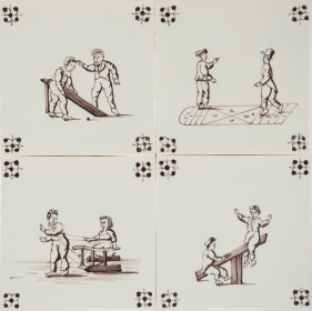 Hand-painted Delft tiles with child's play scenes in manganese