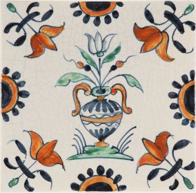 Hand-painted Delft tile sample with flower vase in polychrome, decorated with fleur-de-lis corner motifs, enhanced with pinholes and a crackled finish